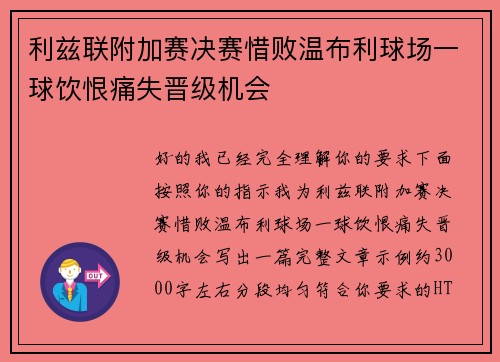 利兹联附加赛决赛惜败温布利球场一球饮恨痛失晋级机会