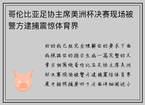 哥伦比亚足协主席美洲杯决赛现场被警方逮捕震惊体育界