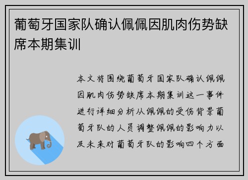 葡萄牙国家队确认佩佩因肌肉伤势缺席本期集训