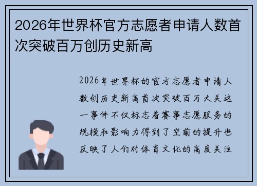2026年世界杯官方志愿者申请人数首次突破百万创历史新高